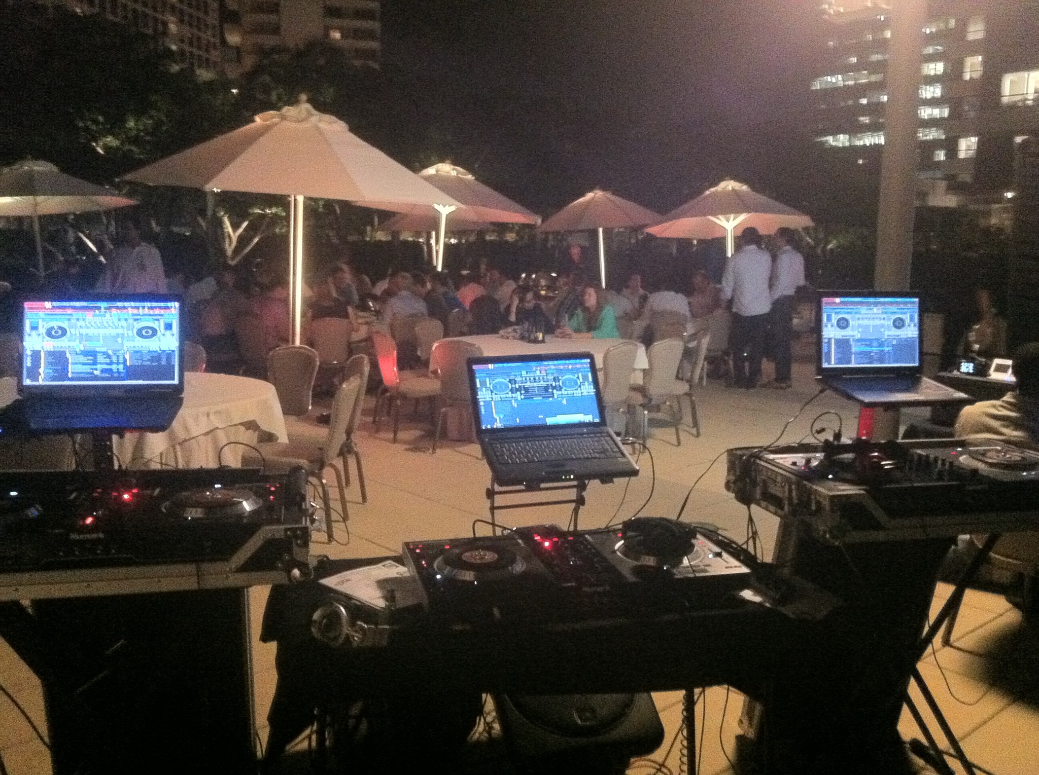 Nation Wide Sound DJ's DJ setup at an outdoor rooftop party in Miami at night